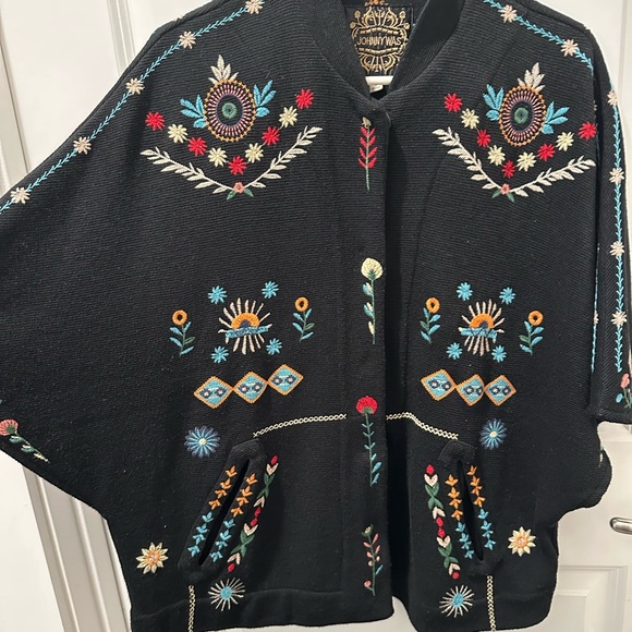 Johnny Was Black Poncho with Multicolor Embroidery